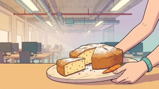 A wooden serving board held out toward the viewer with a round golden carrot cake on it, one wedge cut out showing the orange-flecked crumb, an open-plan office with concrete ceiling and ducts behind