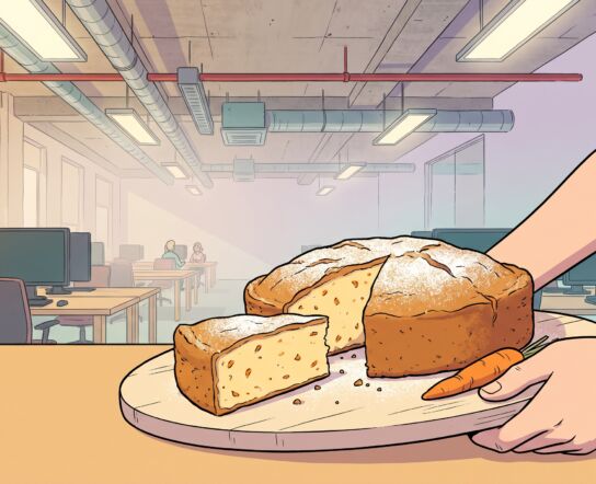 A wooden serving board held out toward the viewer with a round golden carrot cake on it, one wedge cut out showing the orange-flecked crumb, an open-plan office with concrete ceiling and ducts behind