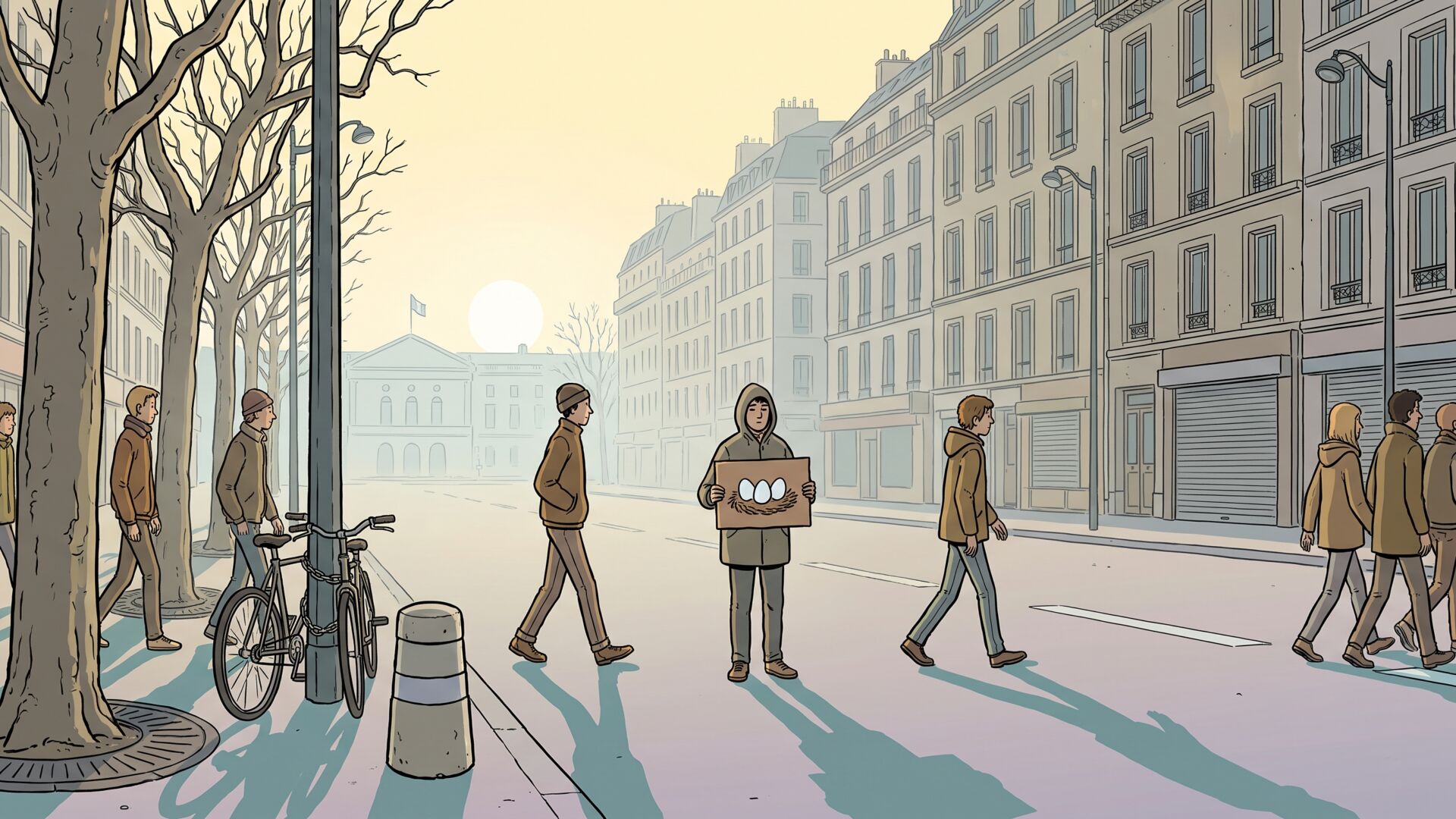 Illustration of a teenage protest march passing along a city boulevard in cold spring light, one marcher holding up a piece of brown cardboard painted with three eggs