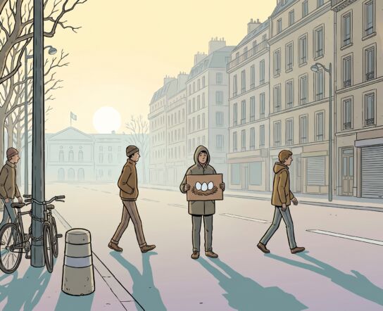 Illustration of a teenage protest march passing along a city boulevard in cold spring light, one marcher holding up a piece of brown cardboard painted with three eggs