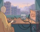 A desk at dusk with three computers lined up on it - a bare single-board computer, a small silver cube, and an open tower with a glowing graphics card - cables running down to a wall socket shared with a rice cooker, a seated figure seen from behind, a hazy Southeast Asian city through the window