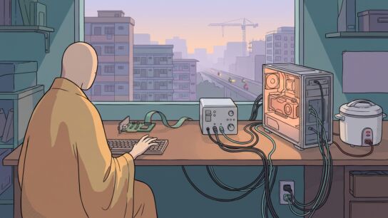 A desk at dusk with three computers lined up on it - a bare single-board computer, a small silver cube, and an open tower with a glowing graphics card - cables running down to a wall socket shared with a rice cooker, a seated figure seen from behind, a hazy Southeast Asian city through the window