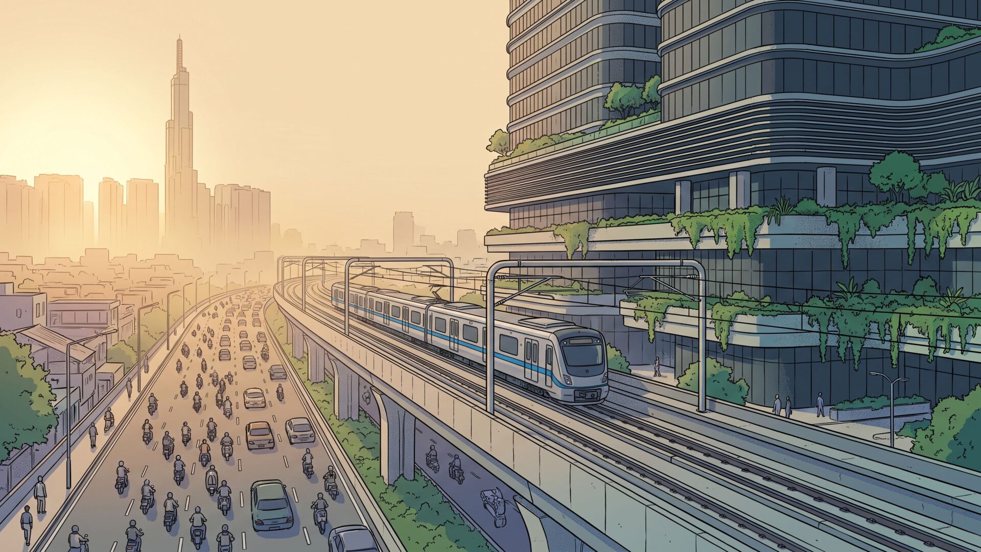 An elevated metro viaduct on slender piers curves across a flat delta city at dusk, crossing a wide river with barges below, low-rise tin roofs in the foreground and glass towers and construction cranes fading into haze behind
