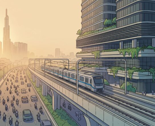 An elevated metro viaduct on slender piers curves across a flat delta city at dusk, crossing a wide river with barges below, low-rise tin roofs in the foreground and glass towers and construction cranes fading into haze behind