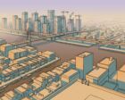 A dense delta city at dusk drawn in fixed isometric projection, with tin-roofed shophouses and a canal in the foreground, a river crossed by a cable-stayed bridge and an elevated highway, and a cluster of lit office towers and construction cranes fading into haze