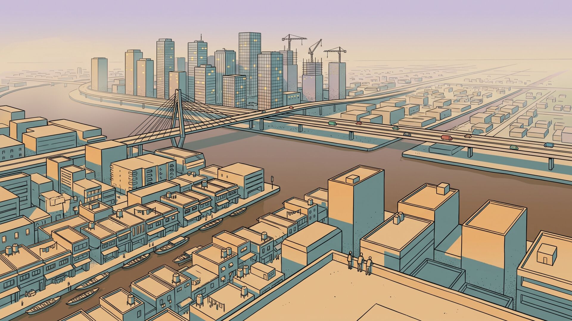 A dense delta city at dusk drawn in fixed isometric projection, with tin-roofed shophouses and a canal in the foreground, a river crossed by a cable-stayed bridge and an elevated highway, and a cluster of lit office towers and construction cranes fading into haze