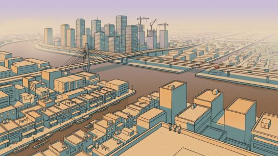 A dense delta city at dusk drawn in fixed isometric projection, with tin-roofed shophouses and a canal in the foreground, a river crossed by a cable-stayed bridge and an elevated highway, and a cluster of lit office towers and construction cranes fading into haze
