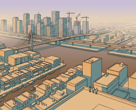 A dense delta city at dusk drawn in fixed isometric projection, with tin-roofed shophouses and a canal in the foreground, a river crossed by a cable-stayed bridge and an elevated highway, and a cluster of lit office towers and construction cranes fading into haze