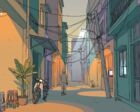 A narrow Sài Gòn residential alley at night, seen down its length, with a lone figure walking away between pools of orange lamplight, tangled power cables overhead and roller gates closed on both sides