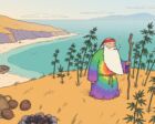 Ligne-claire illustration of a bearded island hermit in a rainbow robe with a red headband, standing on a grassy headland above a turquoise lagoon among tall seven-leafed plants, a wrecked rowboat on the beach behind him