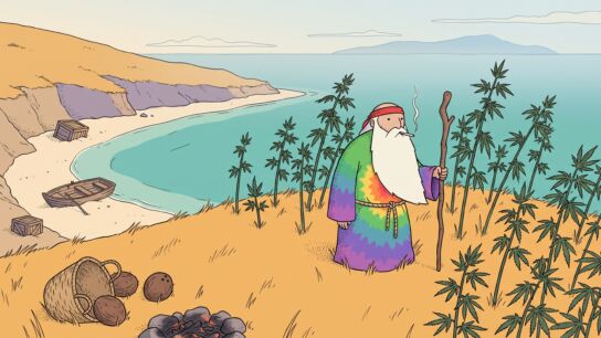 Ligne-claire illustration of a bearded island hermit in a rainbow robe with a red headband, standing on a grassy headland above a turquoise lagoon among tall seven-leafed plants, a wrecked rowboat on the beach behind him