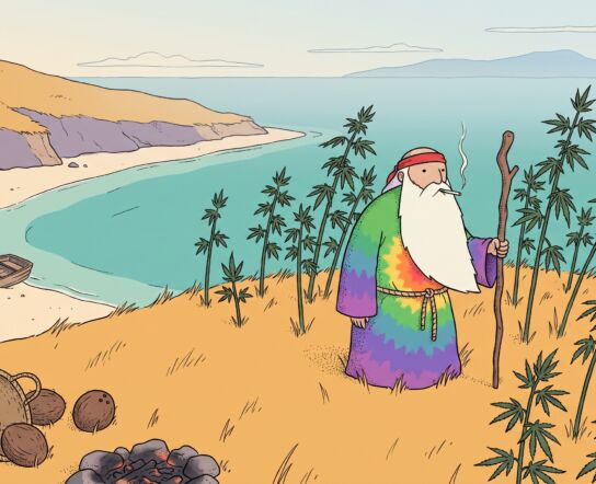 Ligne-claire illustration of a bearded island hermit in a rainbow robe with a red headband, standing on a grassy headland above a turquoise lagoon among tall seven-leafed plants, a wrecked rowboat on the beach behind him