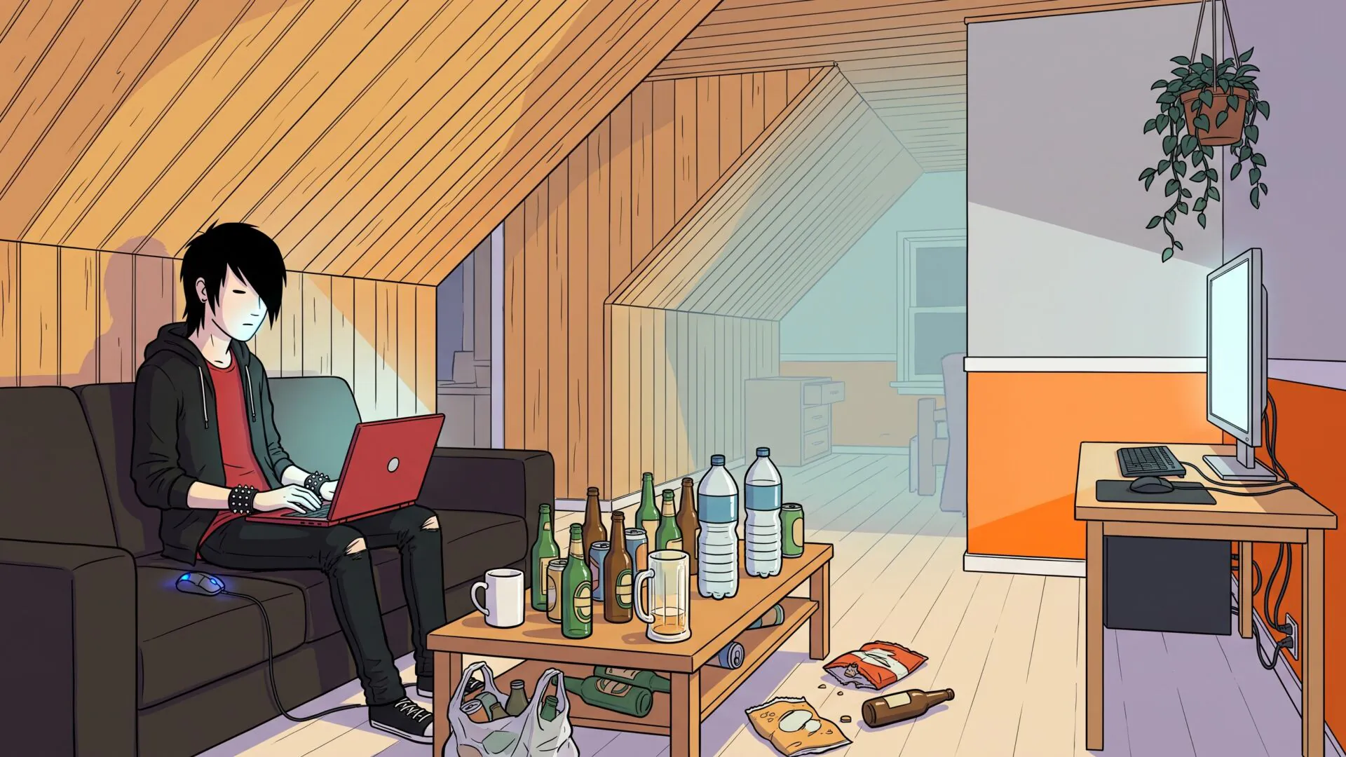 Ligne-claire illustration of a young person with a black emo fringe sitting on a couch at night with a red laptop, a coffee table covered in dozens of empty beer bottles, and a lit desk with a flat-panel monitor in the background