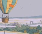 A small tethered hot air balloon drifting in layers of mist above a hilly jungle canopy, with the outlines of an overgrown stepped pyramid and broken ruins visible through the gaps below