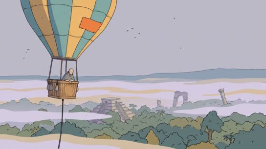A small tethered hot air balloon drifting in layers of mist above a hilly jungle canopy, with the outlines of an overgrown stepped pyramid and broken ruins visible through the gaps below
