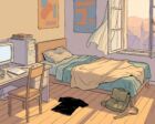 A sunlit, empty teenage bedroom in a rural Bavarian house, drawn in flat ligne claire style: an unmade single bed with late afternoon sun falling across it, an open window with a lifting curtain, a desk with an old CRT monitor, and a black t-shirt crumpled on the floorboards