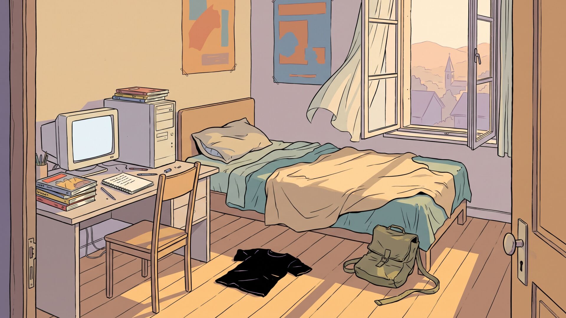 A sunlit, empty teenage bedroom in a rural Bavarian house, drawn in flat ligne claire style: an unmade single bed with late afternoon sun falling across it, an open window with a lifting curtain, a desk with an old CRT monitor, and a black t-shirt crumpled on the floorboards