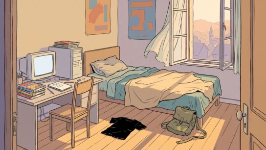 A sunlit, empty teenage bedroom in a rural Bavarian house, drawn in flat ligne claire style: an unmade single bed with late afternoon sun falling across it, an open window with a lifting curtain, a desk with an old CRT monitor, and a black t-shirt crumpled on the floorboards