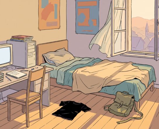A sunlit, empty teenage bedroom in a rural Bavarian house, drawn in flat ligne claire style: an unmade single bed with late afternoon sun falling across it, an open window with a lifting curtain, a desk with an old CRT monitor, and a black t-shirt crumpled on the floorboards