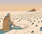 A lone figure seen from behind, crouched on a vast cracked plain, arranging four dark pebbles in a row on a stone slab while hundreds more scatter toward a hazy horizon under an enormous sky