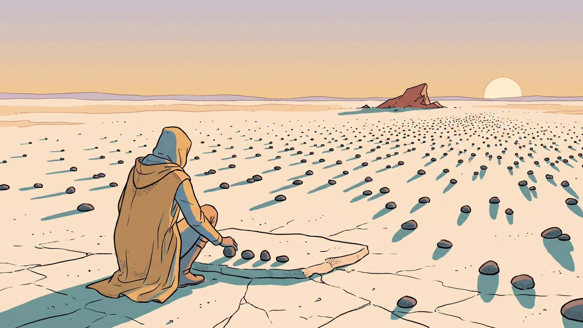 A lone figure seen from behind, crouched on a vast cracked plain, arranging four dark pebbles in a row on a stone slab while hundreds more scatter toward a hazy horizon under an enormous sky