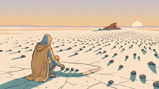 A lone figure seen from behind, crouched on a vast cracked plain, arranging four dark pebbles in a row on a stone slab while hundreds more scatter toward a hazy horizon under an enormous sky