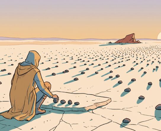A lone figure seen from behind, crouched on a vast cracked plain, arranging four dark pebbles in a row on a stone slab while hundreds more scatter toward a hazy horizon under an enormous sky