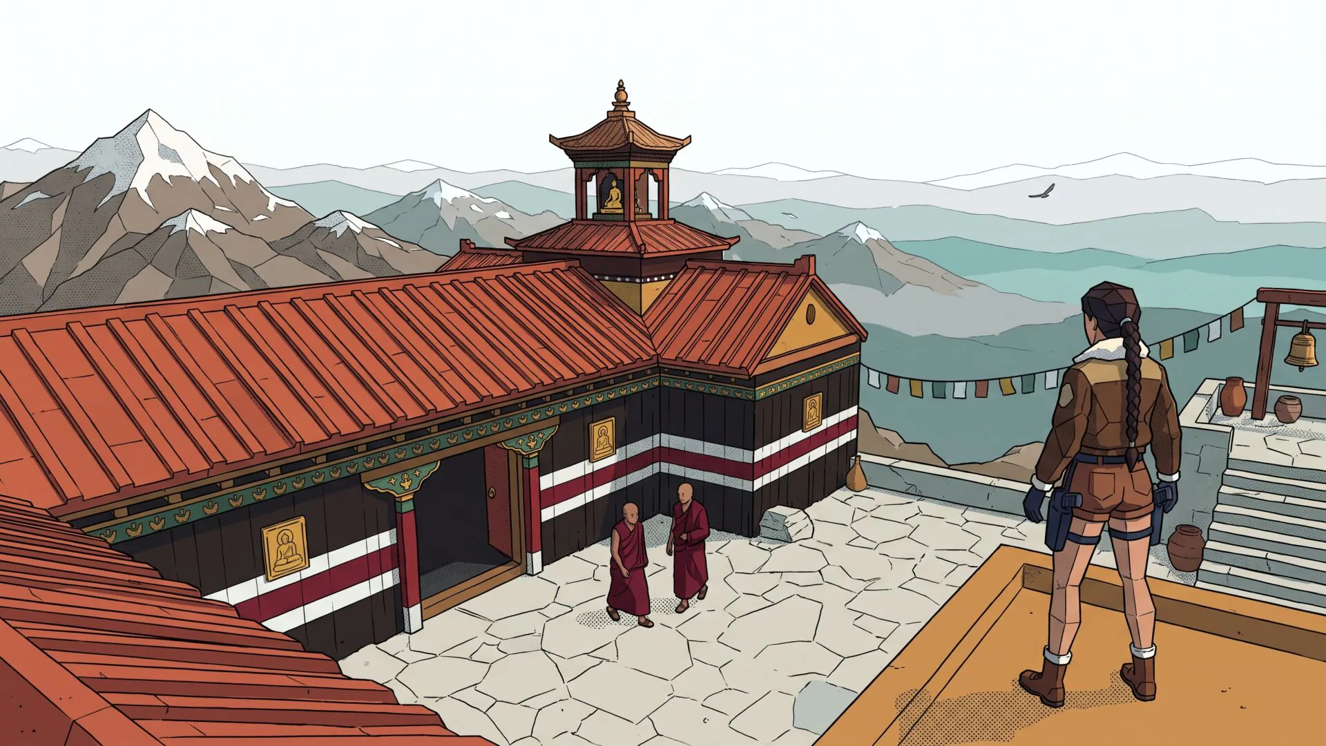 Low-poly illustration of a Tibetan monastery on a mountain ridge with terracotta tile roofs, dark timber walls with red and white banding, gold Buddha plaques, two monks walking across a flagstone courtyard and a braided figure in a fur-collared jacket standing on a rooftop