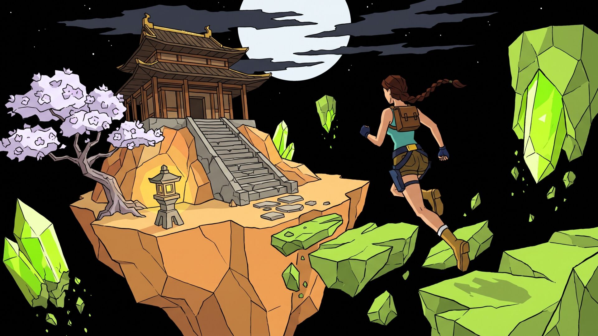 Low-poly illustration of impossible glowing green rock shards floating in a black void, with an ochre island carrying a red pagoda temple, a stone lantern and a blossom tree, and a small figure with a braid leaping between them under a pale moon