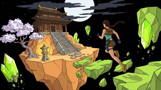 Low-poly illustration of impossible glowing green rock shards floating in a black void, with an ochre island carrying a red pagoda temple, a stone lantern and a blossom tree, and a small figure with a braid leaping between them under a pale moon