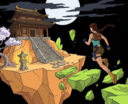 Low-poly illustration of impossible glowing green rock shards floating in a black void, with an ochre island carrying a red pagoda temple, a stone lantern and a blossom tree, and a small figure with a braid leaping between them under a pale moon