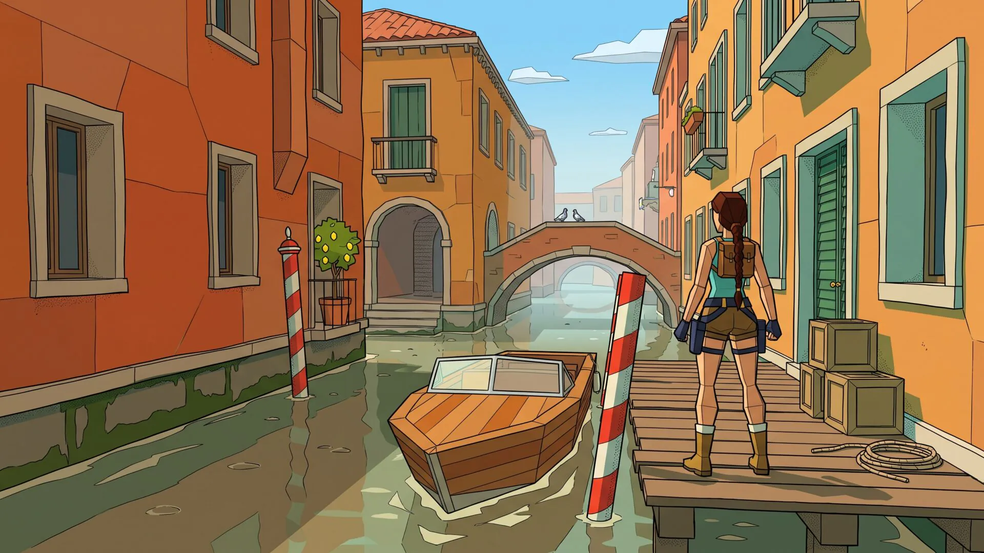Low-poly illustration of a narrow Venetian canal at morning with blocky burnt-orange facades, a wooden plank dock, striped mooring poles, a faceted wooden speedboat and a small braided figure standing with her back to the viewer