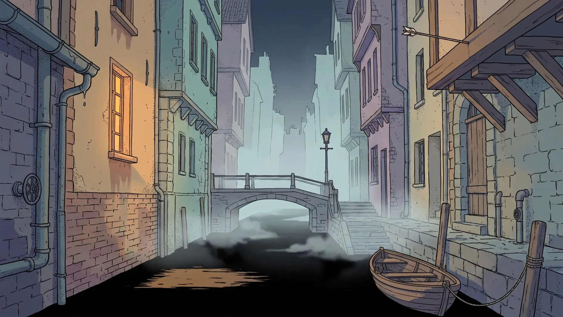 Fog on a canal, one lit window - the Dark Engine is 25 years old and doesn't care