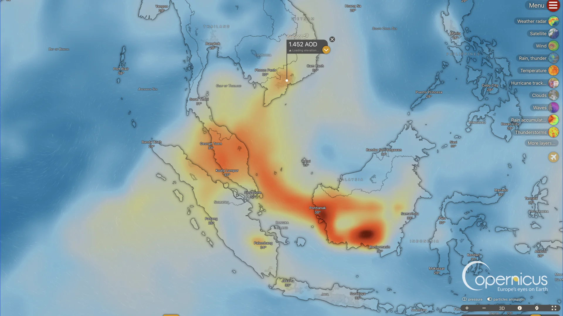 Windy.com aerosol optical depth map of Southeast Asia on September 15, 2026, showing a smoke plume from Sumatra and Kalimantan stretching across the sea to southern Vietnam, with a reading of 1.452 AOD over Phú Mỹ Hưng