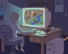 A small boy in striped pajamas sits with his back to the viewer at a desk in a dark room at night, lit only by a bulky beige CRT monitor showing a colorful isometric pixel city with a river and a red bridge