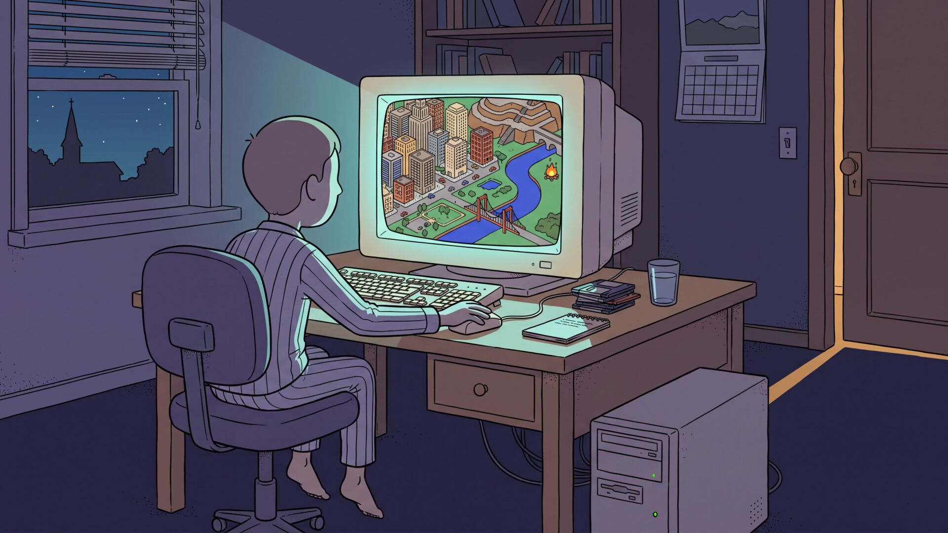 A small boy in striped pajamas sits with his back to the viewer at a desk in a dark room at night, lit only by a bulky beige CRT monitor showing a colorful isometric pixel city with a river and a red bridge