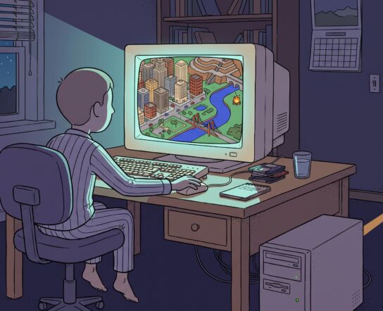 A small boy in striped pajamas sits with his back to the viewer at a desk in a dark room at night, lit only by a bulky beige CRT monitor showing a colorful isometric pixel city with a river and a red bridge