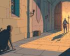 A hooded figure crouches in the shadow of a half-open wooden door in a stone manor corridor, while torchlight spills from a hall where an armored guard stands and a stained-glass window casts teal and rose light on the wall