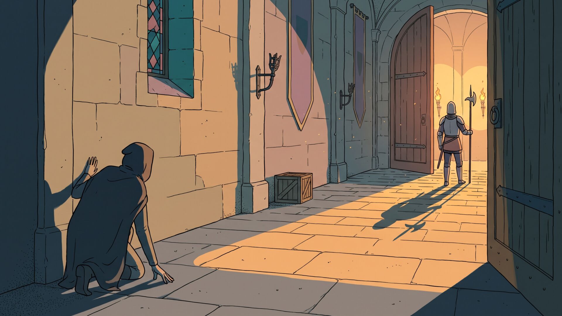 A hooded figure crouches in the shadow of a half-open wooden door in a stone manor corridor, while torchlight spills from a hall where an armored guard stands and a stained-glass window casts teal and rose light on the wall