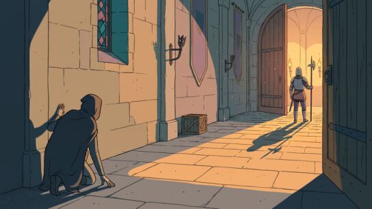 A hooded figure crouches in the shadow of a half-open wooden door in a stone manor corridor, while torchlight spills from a hall where an armored guard stands and a stained-glass window casts teal and rose light on the wall