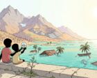 Two children seen from behind sit on a cracked concrete sea wall above a flooded river delta with half-submerged stilt-house roofs and palm tops, one holding a snow globe up to the sun, while bare glacier-less mountains with dead spruce forests and mine terraces shimmer in the heat