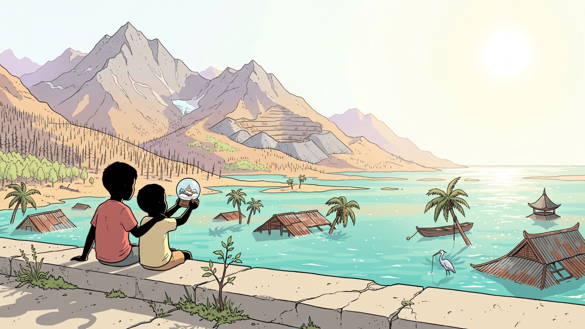 Two children seen from behind sit on a cracked concrete sea wall above a flooded river delta with half-submerged stilt-house roofs and palm tops, one holding a snow globe up to the sun, while bare glacier-less mountains with dead spruce forests and mine terraces shimmer in the heat