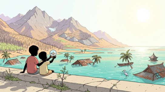Two children seen from behind sit on a cracked concrete sea wall above a flooded river delta with half-submerged stilt-house roofs and palm tops, one holding a snow globe up to the sun, while bare glacier-less mountains with dead spruce forests and mine terraces shimmer in the heat