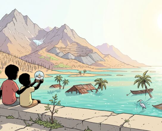 Two children seen from behind sit on a cracked concrete sea wall above a flooded river delta with half-submerged stilt-house roofs and palm tops, one holding a snow globe up to the sun, while bare glacier-less mountains with dead spruce forests and mine terraces shimmer in the heat