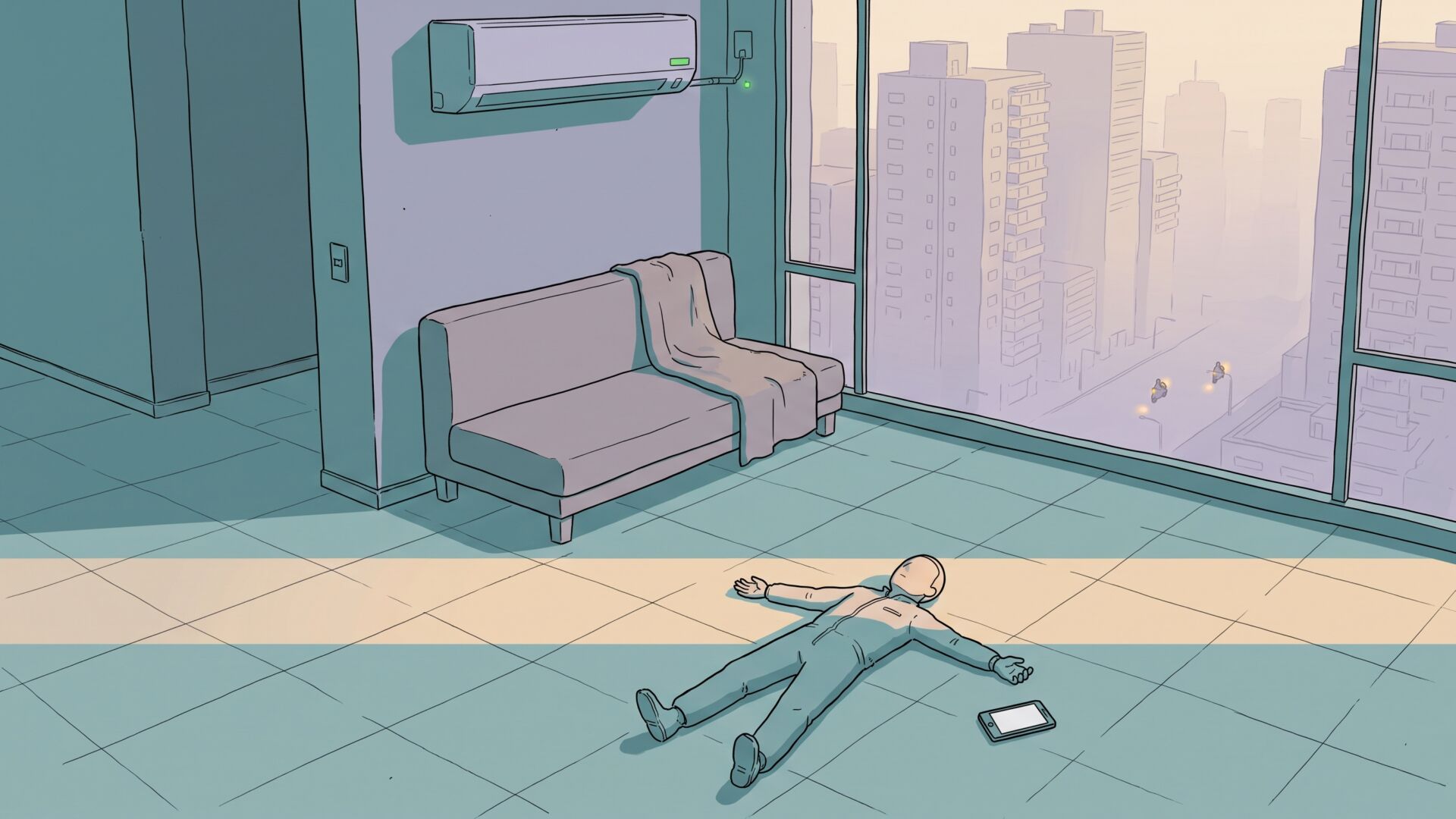 A man lies on his back on the tiled floor of a dim apartment at dawn, arms and legs outstretched, a phone face-down beside his hand, an air conditioner on the wall and a hazy city skyline in the window behind him