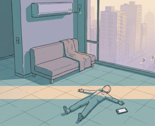 A man lies on his back on the tiled floor of a dim apartment at dawn, arms and legs outstretched, a phone face-down beside his hand, an air conditioner on the wall and a hazy city skyline in the window behind him