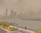 An elevated view over a bend of the Sài Gòn River in thick brownish smog, the downtown towers and a cable-stayed bridge dissolving into haze under a dim orange sun, a lone masked figure at the river railing