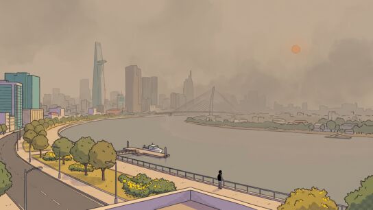 An elevated view over a bend of the Sài Gòn River in thick brownish smog, the downtown towers and a cable-stayed bridge dissolving into haze under a dim orange sun, a lone masked figure at the river railing
