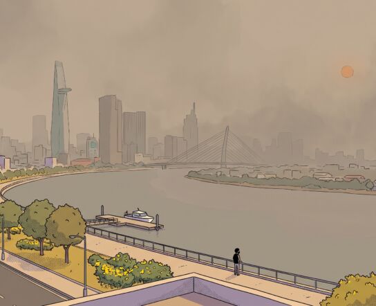 An elevated view over a bend of the Sài Gòn River in thick brownish smog, the downtown towers and a cable-stayed bridge dissolving into haze under a dim orange sun, a lone masked figure at the river railing