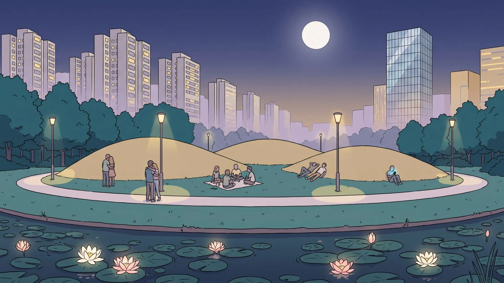 A park at night seen across a lotus pond, with small groups of people sitting on low grass mounds under lamp light and apartment towers behind the treeline